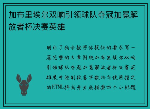 加布里埃尔双响引领球队夺冠加冕解放者杯决赛英雄
