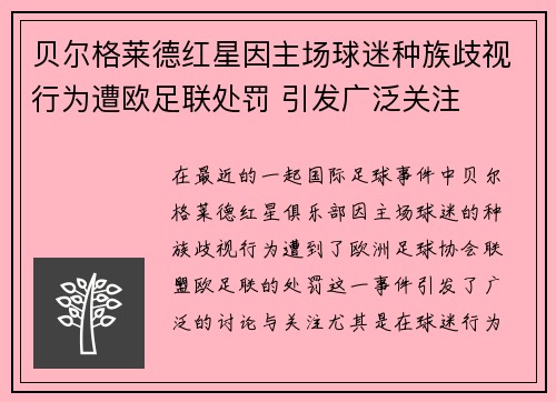 贝尔格莱德红星因主场球迷种族歧视行为遭欧足联处罚 引发广泛关注